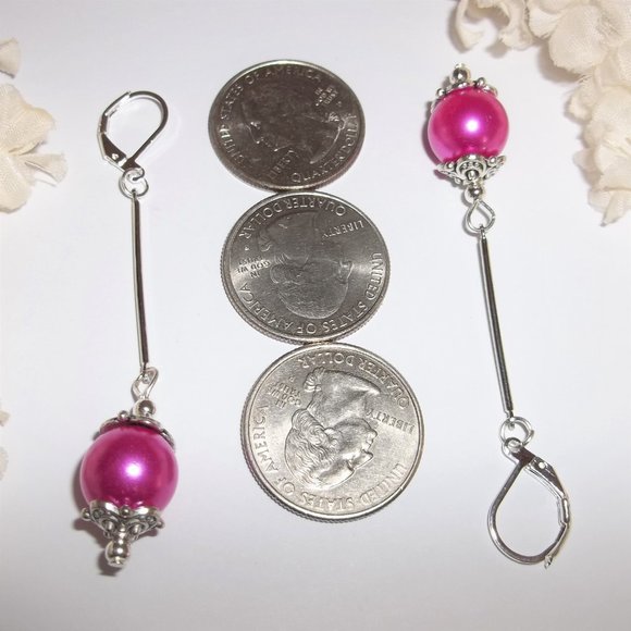 Long Earrings, Fuschia Pink and Silver, Dangle and Drop Earrings, Beaded 7453 - Picture 3 of 8